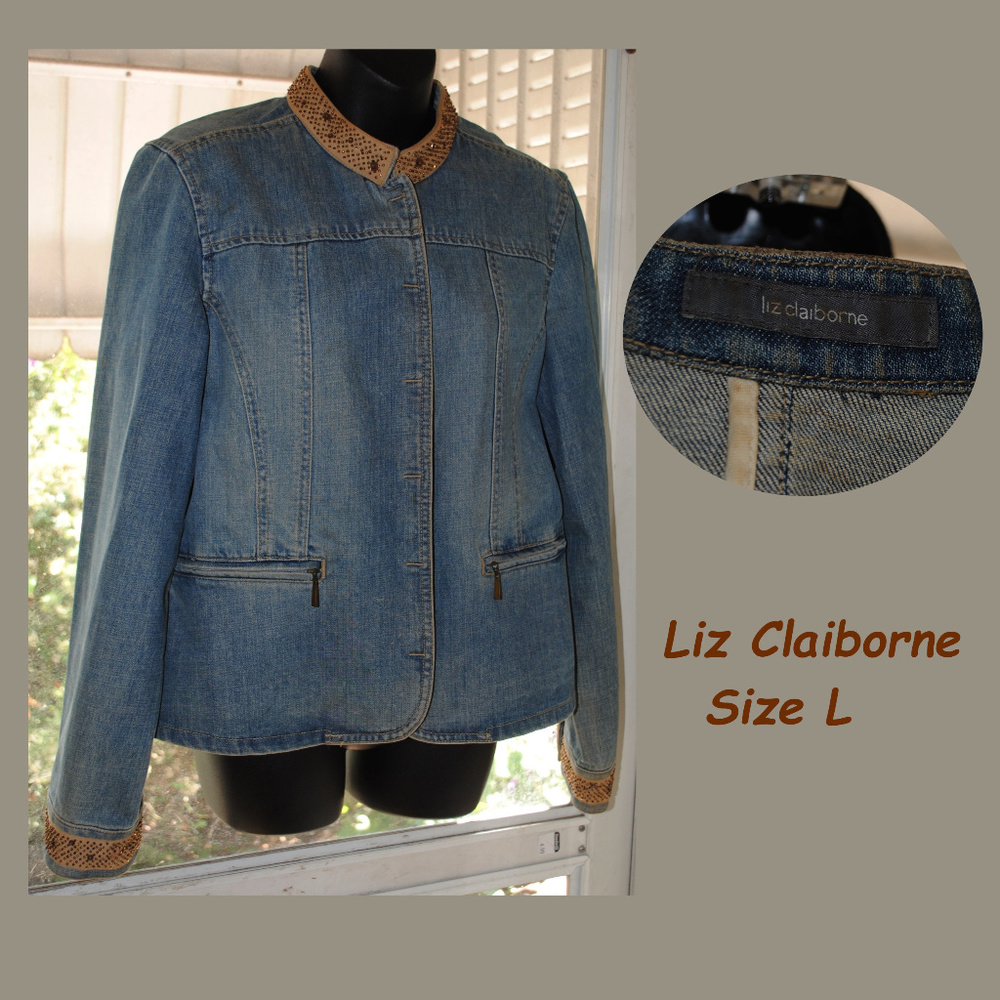 LIZ CLAIBORNE Embellished Collar/Cuffs Jean Jacket